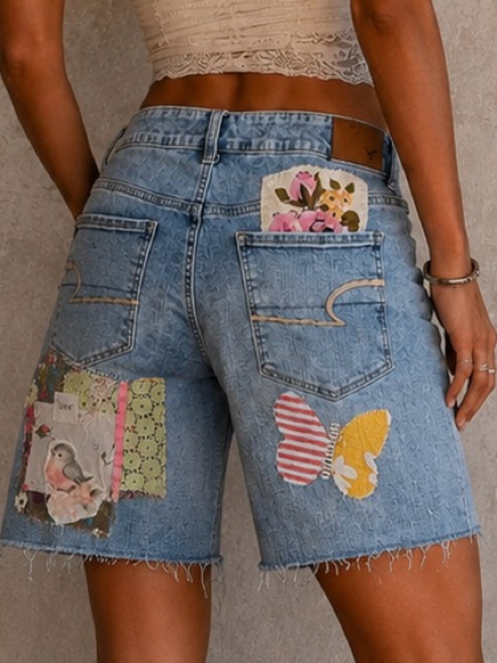 American Eagle Outfitters Light Blue Patchwork Denim Shorts - Picture 2 of 9